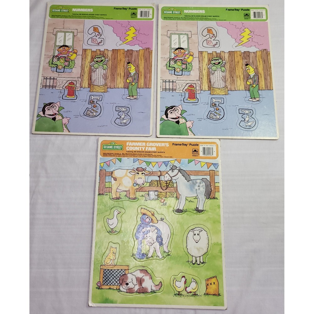 3 Golden Sesame Street Frame-Tray Puzzles Kids Vintage 80s One Duplicate
